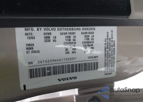 2004 Volvo Xc70 2.5T из США, поврежденный, VIN YV1SZ59HX41150597